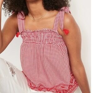Old Navy Red White Gingham Smocked Tie Shoulder Embroidered Tank Top 1X Plus